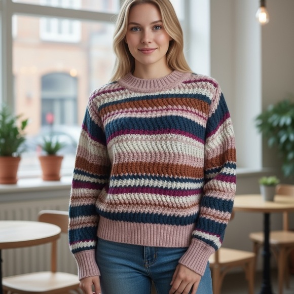 INDUSTRY REPUBLIC CLOTHING MUTICOLOR STRIPED CHUNKY KNIT CREWNECK SWEATER SZ L - Picture 1 of 7